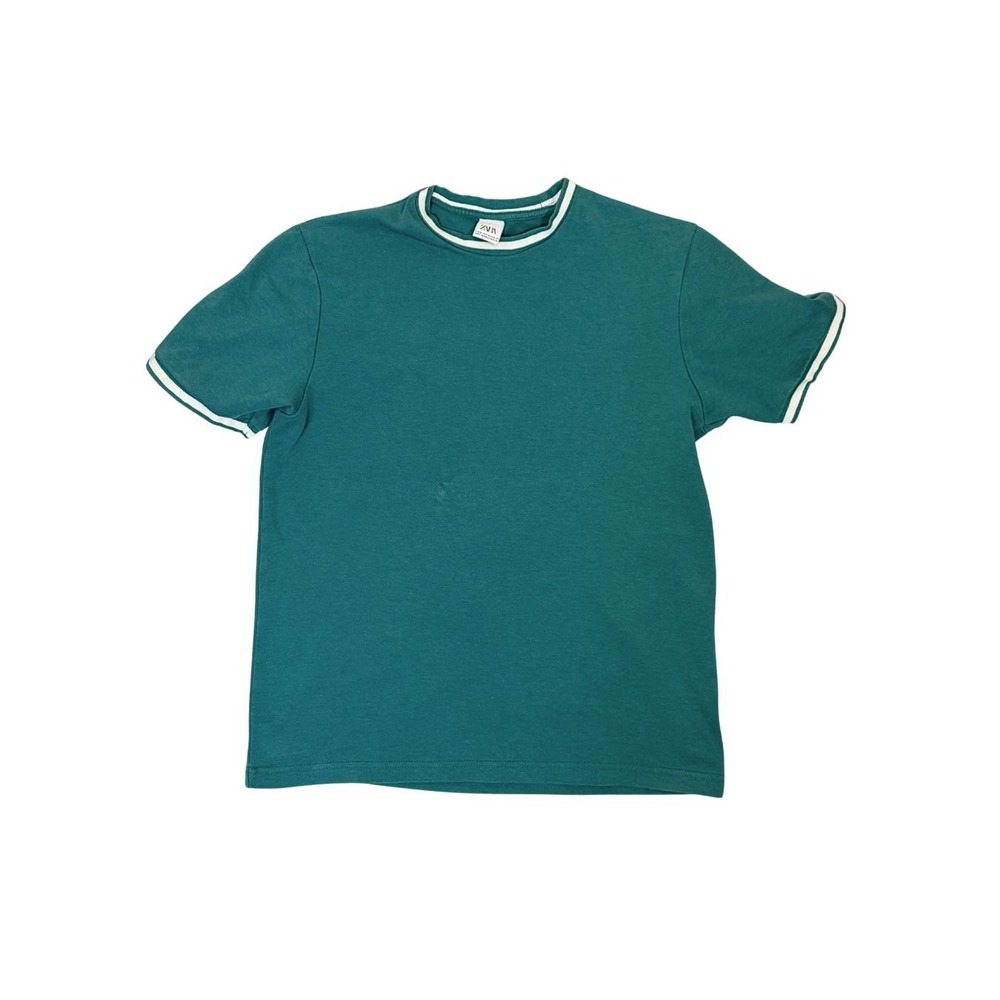 Zara Man Ringer T-Shirt Mens Small Teal Green Short Sleeve Stripe Trim Crew Neck